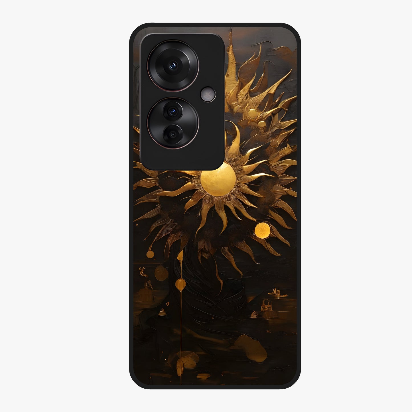 Golden Sun Majesty Glass Case showing flat back view with radiant golden sun artwork and glossy glass finish.