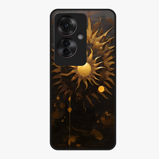 Golden Sun Majesty Glass Case showing flat back view with radiant golden sun artwork and glossy glass finish.