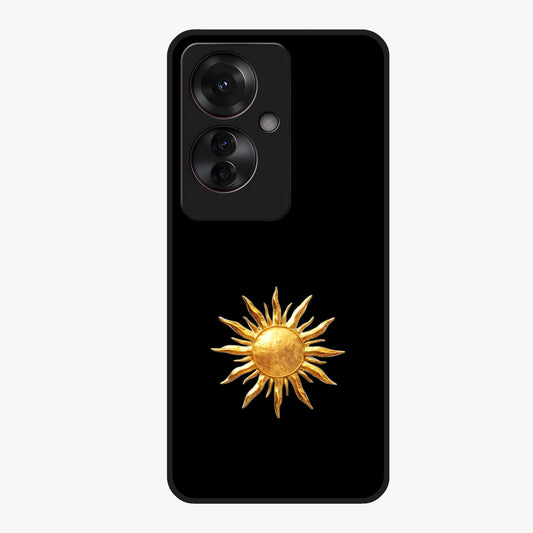 Golden Sun Minimalism Glass Case showing flat back view with minimal golden sun artwork and glossy glass finish.