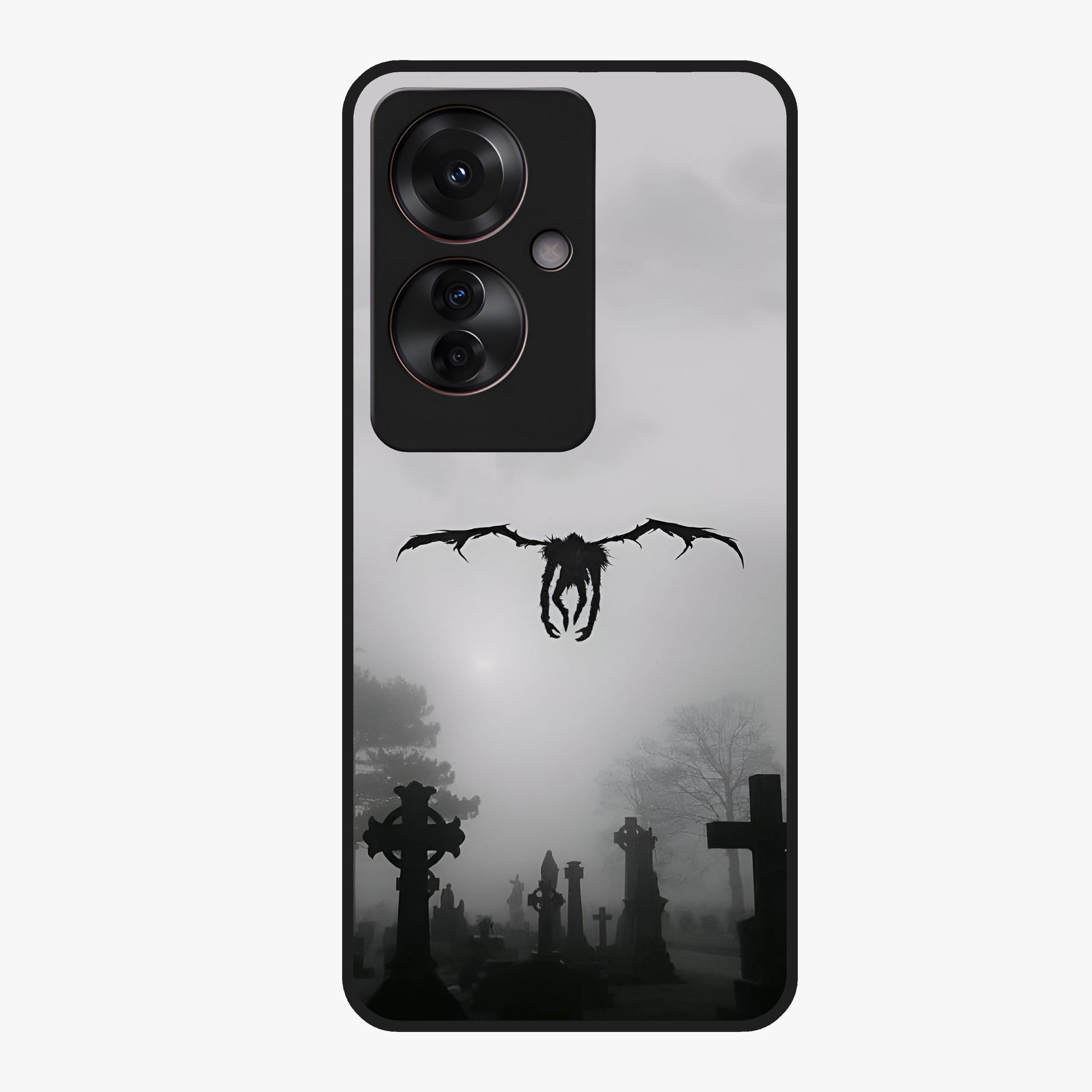 Graveyard Shadow Descent Glass Case showing flat back view with dark graveyard themed artwork and glossy glass finish.