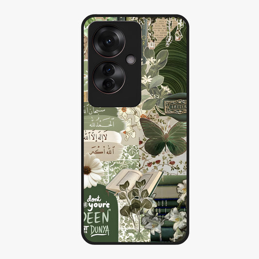 Green Islamic Books Quotes Glass Case showing flat back view with Islamic quotes and book themed artwork and glossy glass finish.