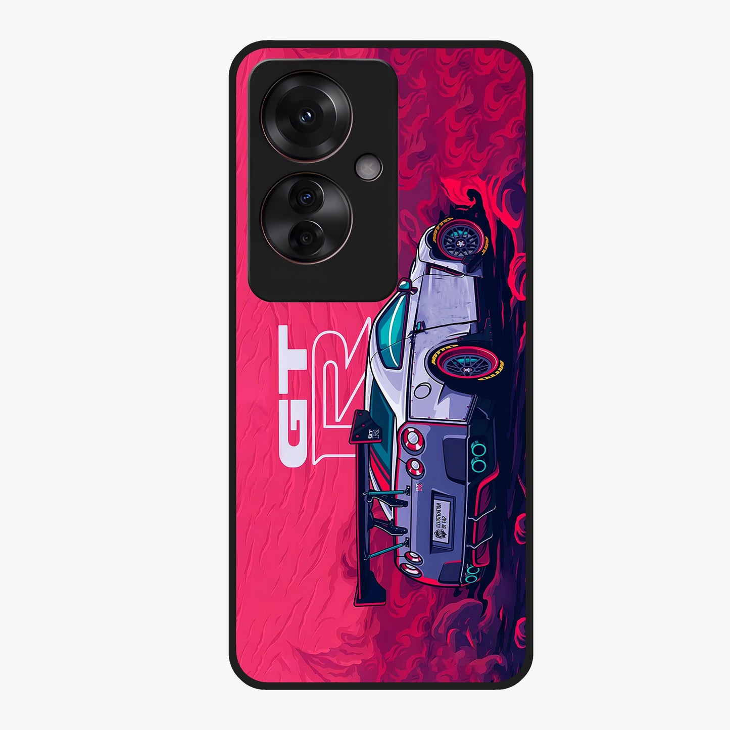 GT-R Car Pattern Glass Case showing flat back view with sporty car inspired pattern artwork and glossy glass finish.