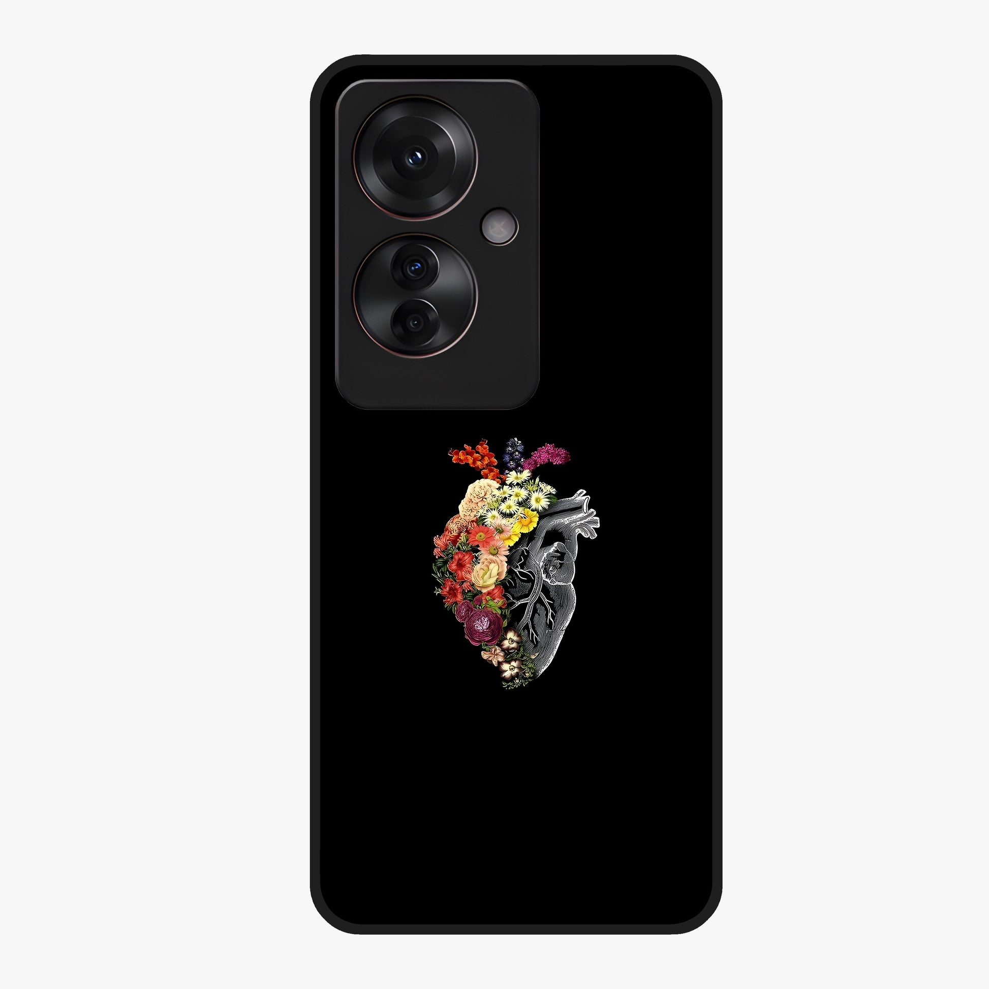 Heart With Flowers Glass Case showing flat back view with heart shaped floral artwork and glossy glass finish.