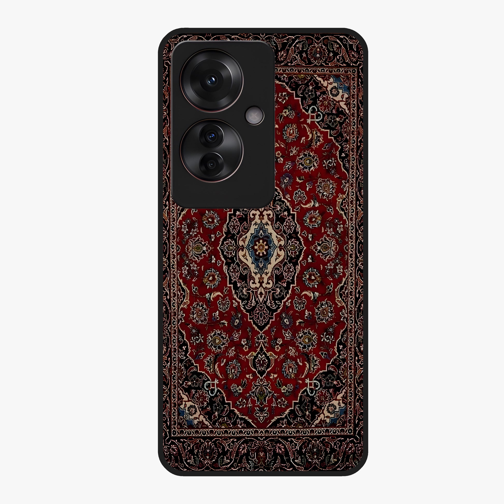 Heritage Carpet Royale Glass Case showing flat back view with ornate Persian carpet inspired pattern and glossy glass finish.