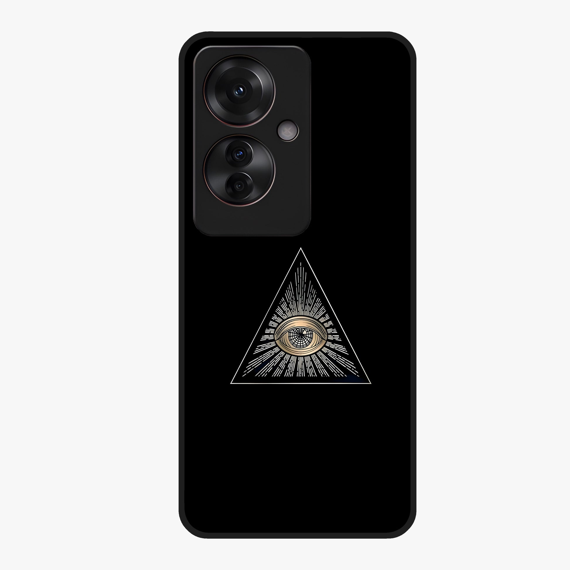 Illuminati Evil Glass Case showing flat back view with mysterious illuminati symbol artwork and glossy glass finish.