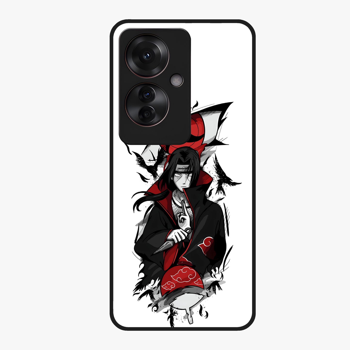Itachi Sharingan Glass Case showing flat back view with powerful anime eye artwork and glossy glass finish.