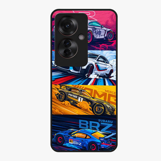 JDM Sports Car Glass Case showing flat back view with high performance sports car artwork and glossy glass finish.