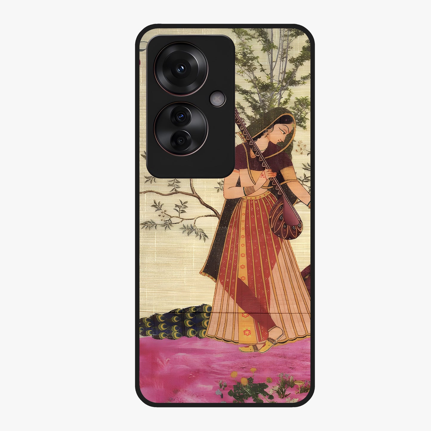 Lady With Veena Art Glass Case showing flat back view with elegant woman playing veena artwork and glossy glass finish.