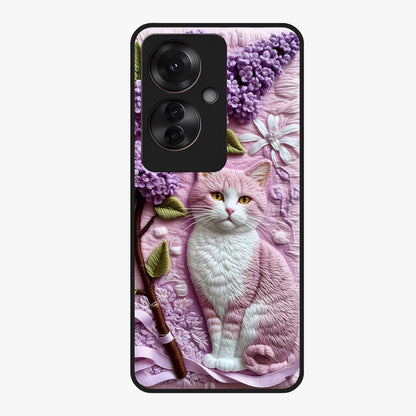 Lavender Cat Whimsy Glass Case showing flat back view with cute lavender cat artwork and glossy glass finish.