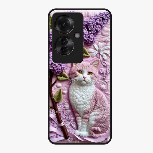 Lavender Cat Whimsy Glass Case showing flat back view with cute lavender cat artwork and glossy glass finish.