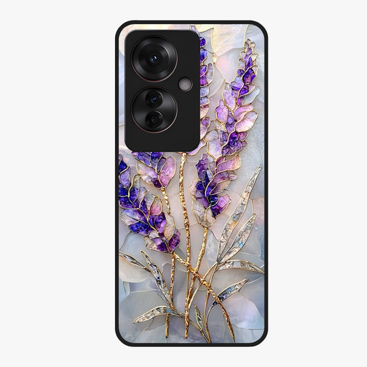 Lavender Dream Glow Glass Case showing flat back view with glowing lavender aesthetic artwork and glossy glass finish.