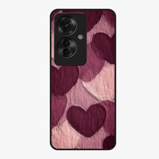 Layered Paper Hearts Glass Case showing flat back view with layered paper heart artwork and glossy glass finish.