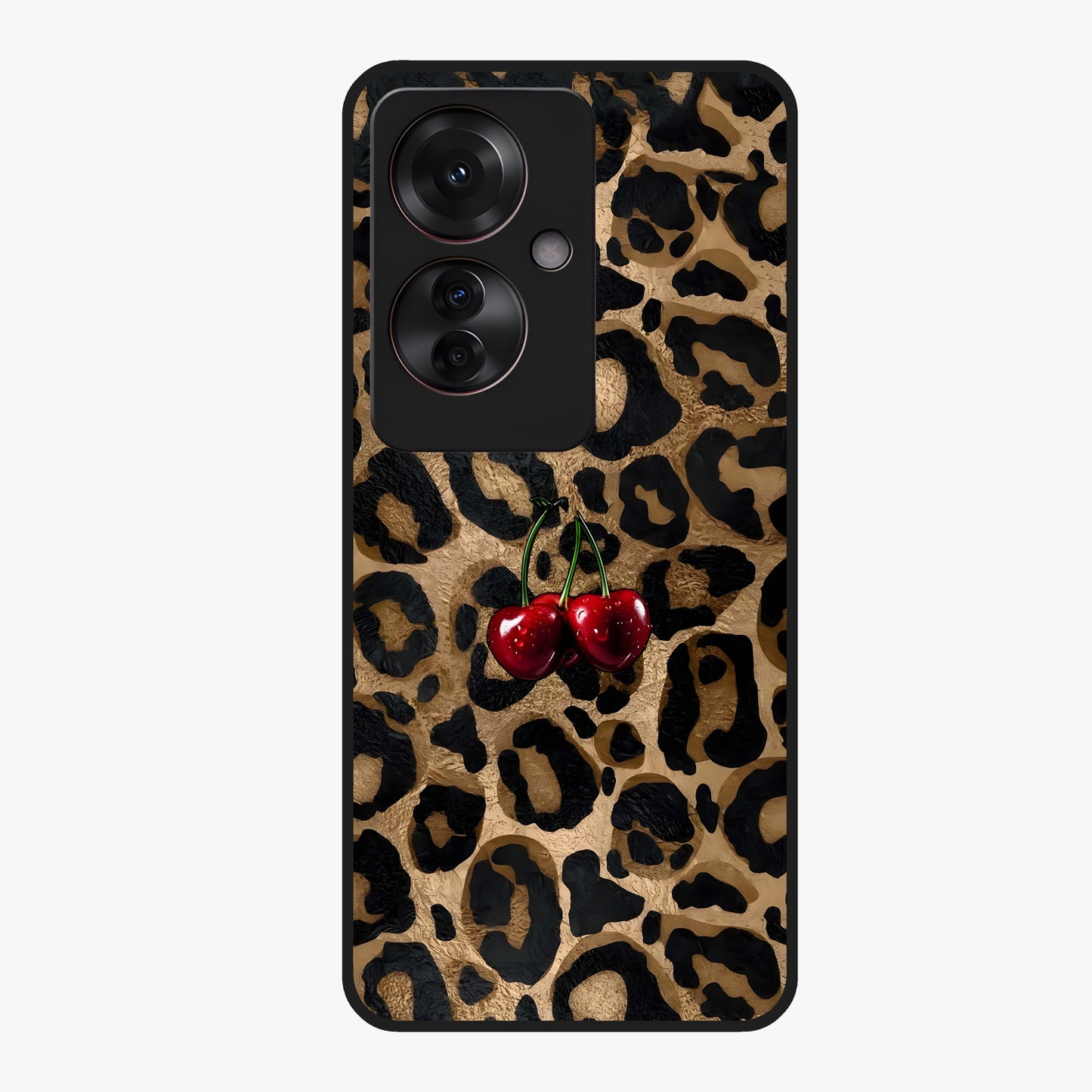 Leopard Wild Cherry Glass Case showing flat back view with leopard pattern and cherry artwork and glossy glass finish.