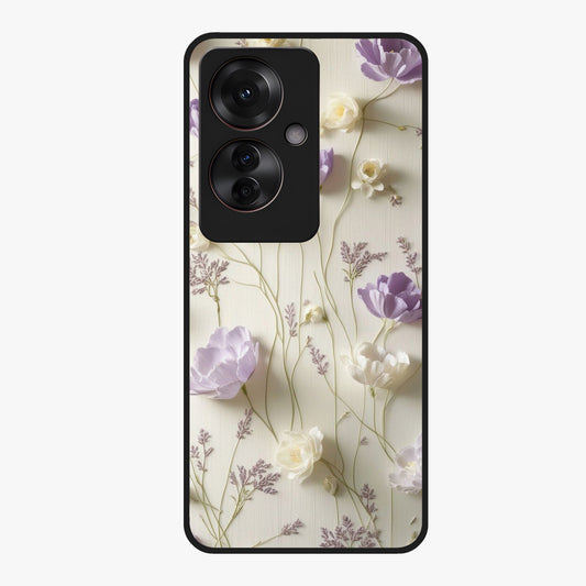 Lilac Breeze Harmony Glass Case showing flat back view with soft lilac themed artwork and glossy glass finish.