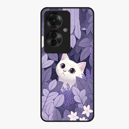Lilac Hide Peek Cat Glass Case showing flat back view with cute peeking cat artwork and glossy glass finish.