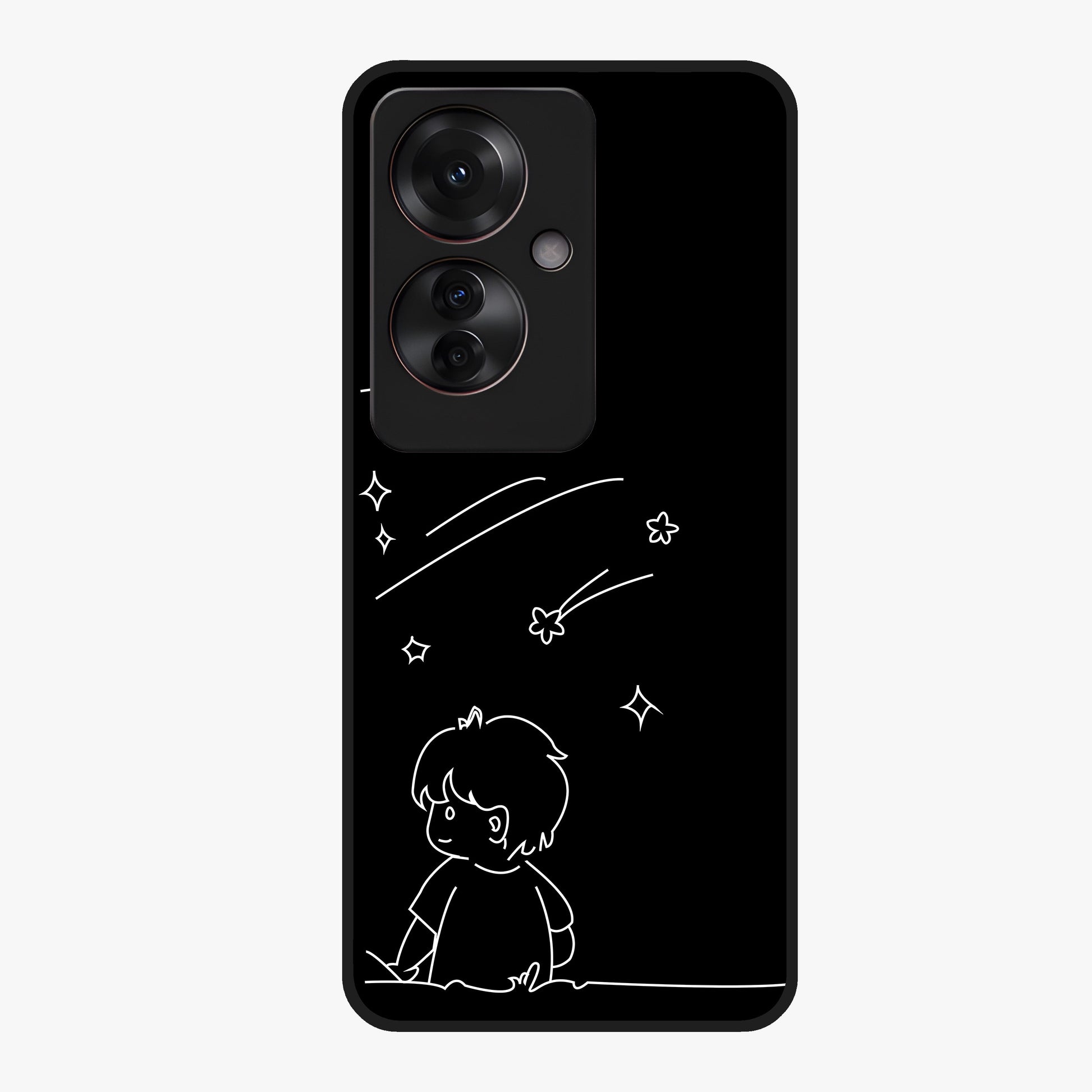 Line Art Boy With Shooting Stars Glass Case showing flat back view with minimal line art boy and shooting stars illustration and glossy glass finish.