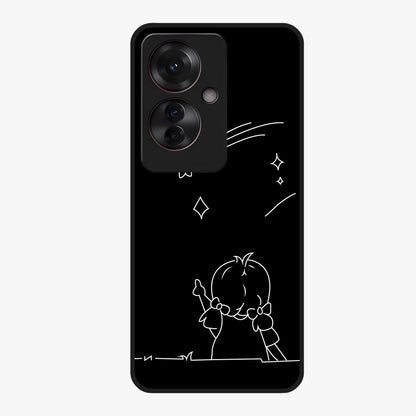 Line Art Girl With Shooting Stars Glass Case showing flat back view with minimal line art girl and shooting stars illustration and glossy glass finish.