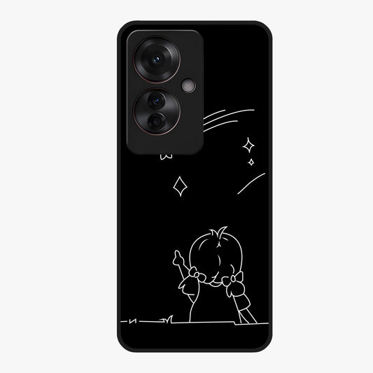Line Art Girl With Shooting Stars Glass Case showing flat back view with minimal line art girl and shooting stars illustration and glossy glass finish.