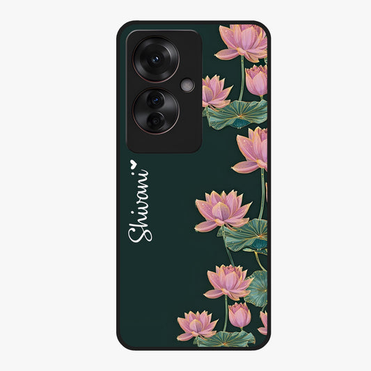 Lotus Bloom Serenity Custom Name Glass Case showing flat back view with elegant lotus flower artwork and personalized name design.