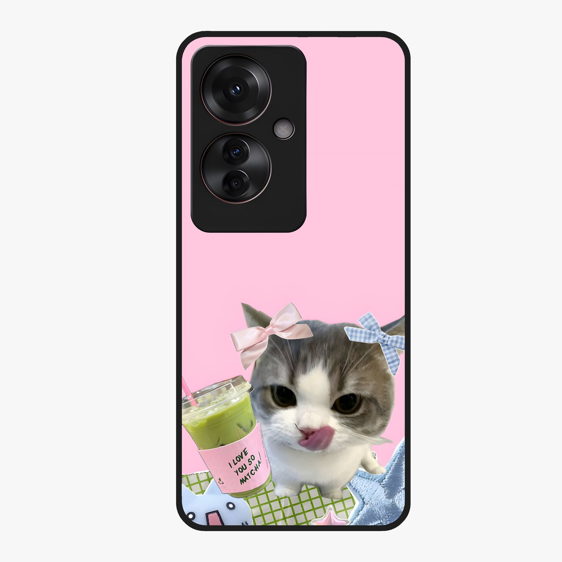 Love Matcha Cat Glass Case showing flat back view with cute cat and matcha themed artwork and glossy glass finish.