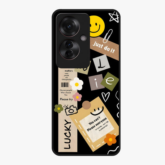 Lucky Aesthetic Collage Glass Case showing flat back view with trendy aesthetic collage artwork and glossy glass finish.