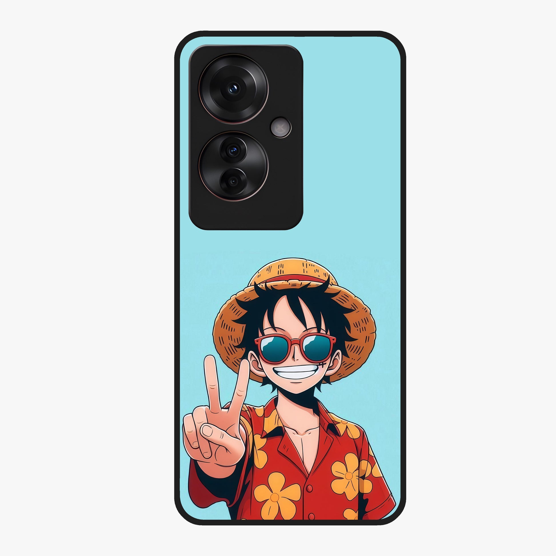 Luffy Summer Anime Vibe Glass Case showing flat back view with vibrant anime character artwork and glossy glass finish.