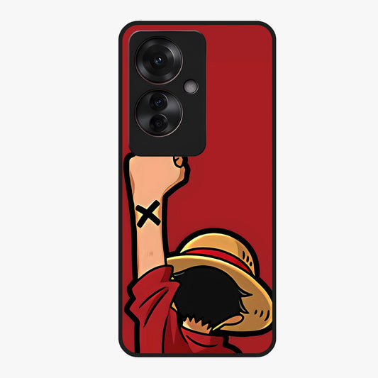 Luffy X Spirit Glass Case showing flat back view with bold anime character artwork and glossy glass finish.