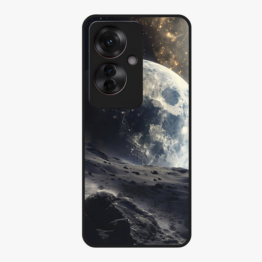 Lunar Horizon Glow Glass Case showing flat back view with glowing moon horizon artwork and glossy glass finish.