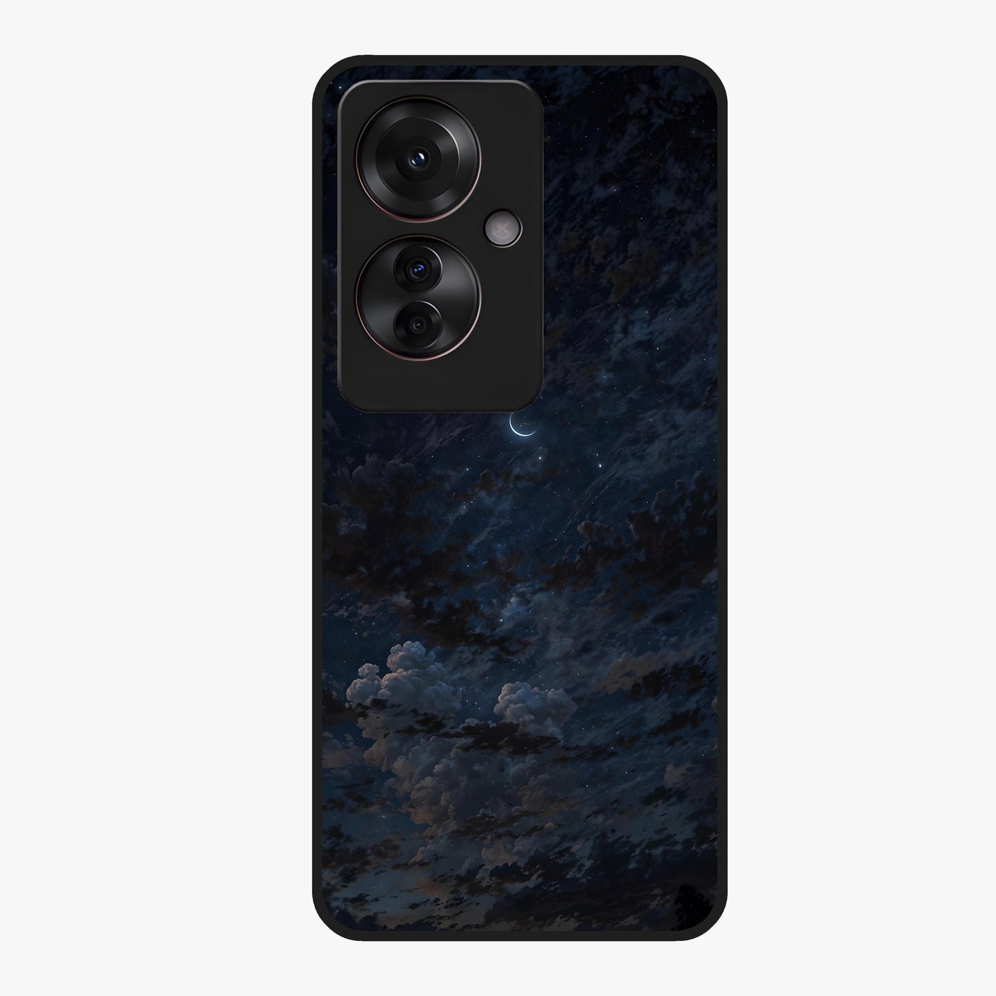 Lunar Veil Silence Glass Case showing flat back view with mystical moon veil artwork and glossy glass finish.
