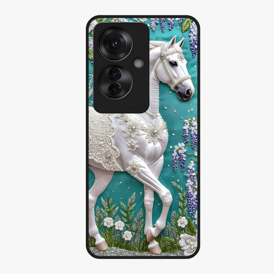 Majestic Floral Stallion Glass Case showing flat back view with powerful horse and floral artwork and glossy glass finish.