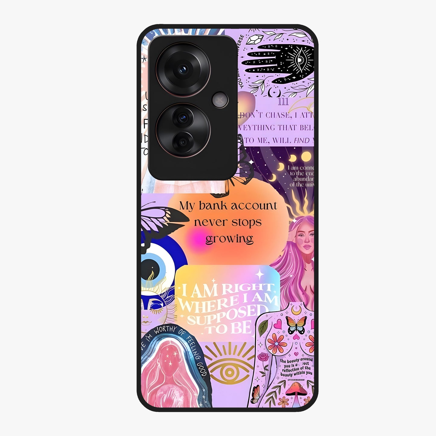 Manifestation Collage Glass Case showing flat back view with motivational collage artwork and glossy glass finish.