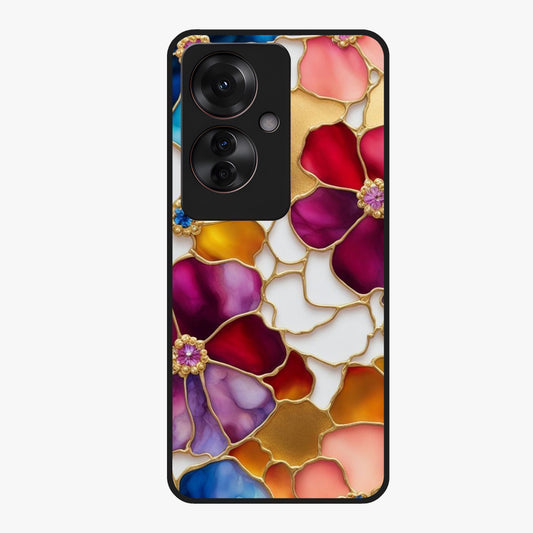 Marble Flower Pattern Glass Case showing flat back view with marble texture floral artwork and glossy glass finish.