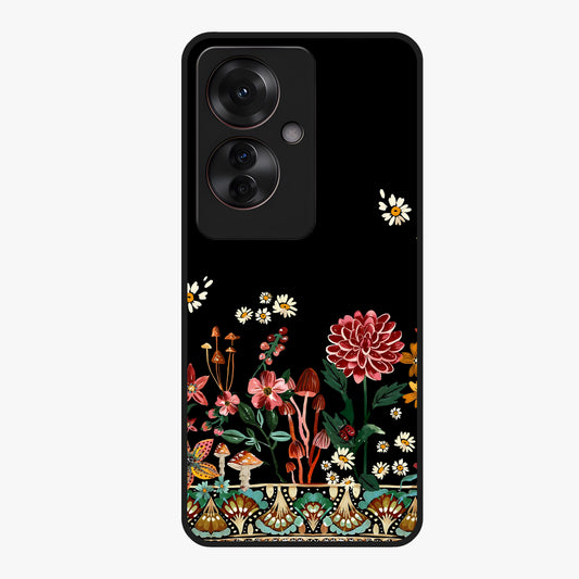 Midnight Bloom Pattern Glass Case showing flat back view with dark floral pattern artwork and glossy glass finish.