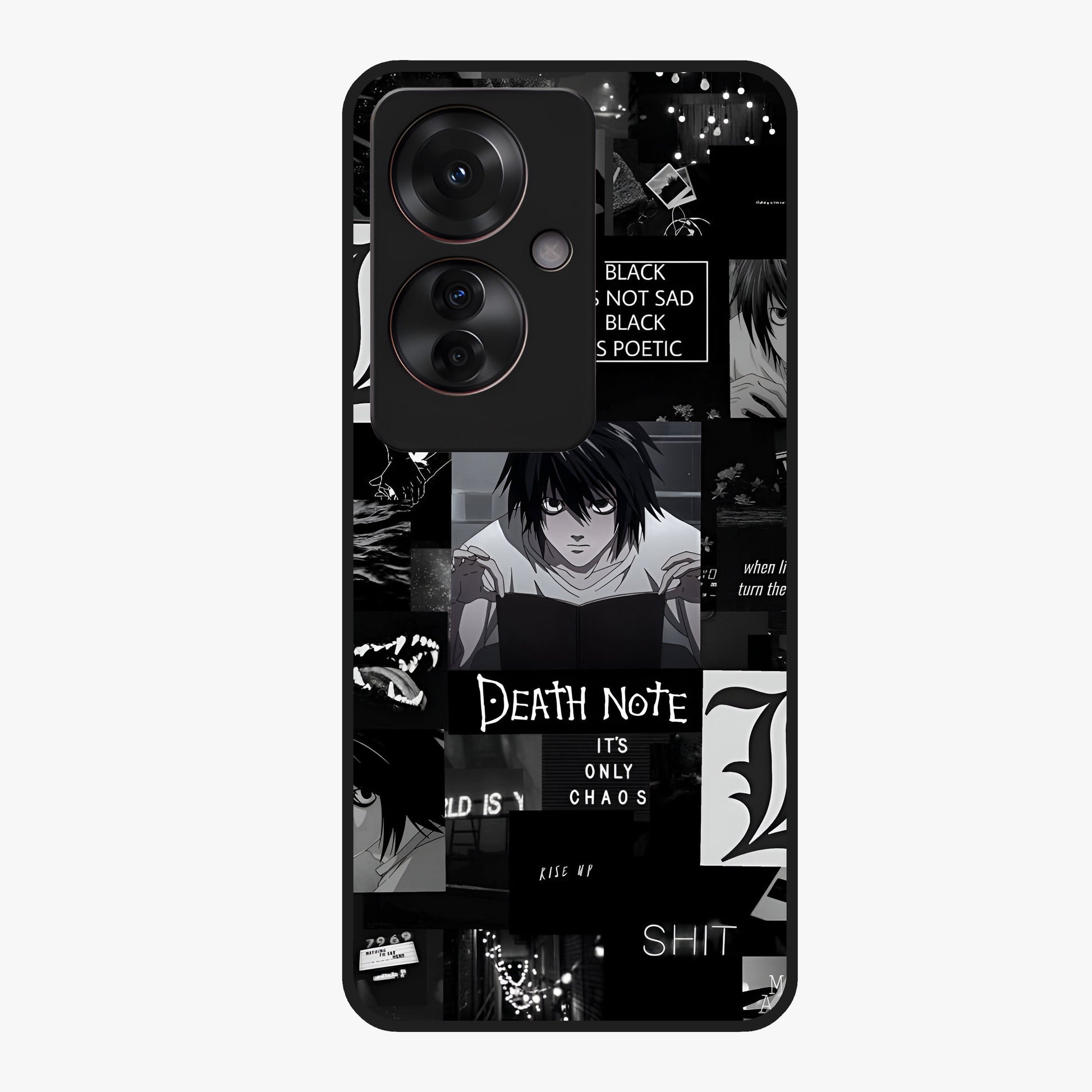 Midnight Chaos Mind Glass Case showing flat back view with abstract dark themed artwork and glossy glass finish.