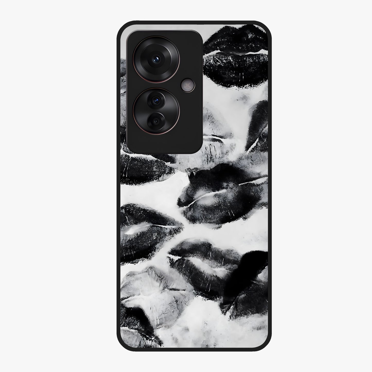 Midnight Kiss Marks Glass Case showing flat back view with lipstick kiss mark artwork and glossy glass finish.