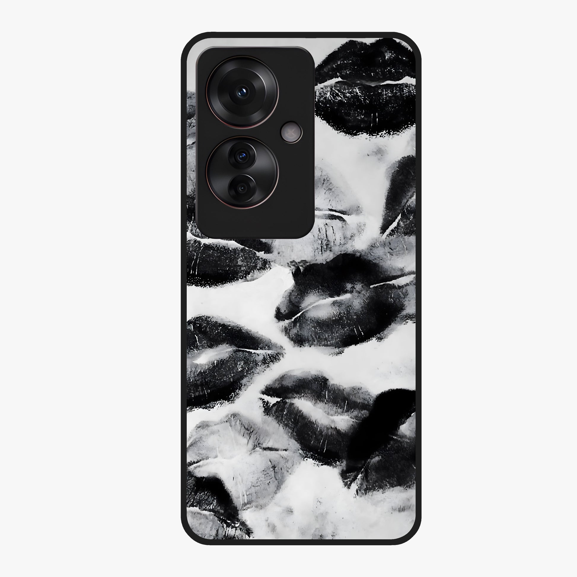 Midnight Kiss Marks Glass Case showing flat back view with lipstick kiss mark artwork and glossy glass finish.