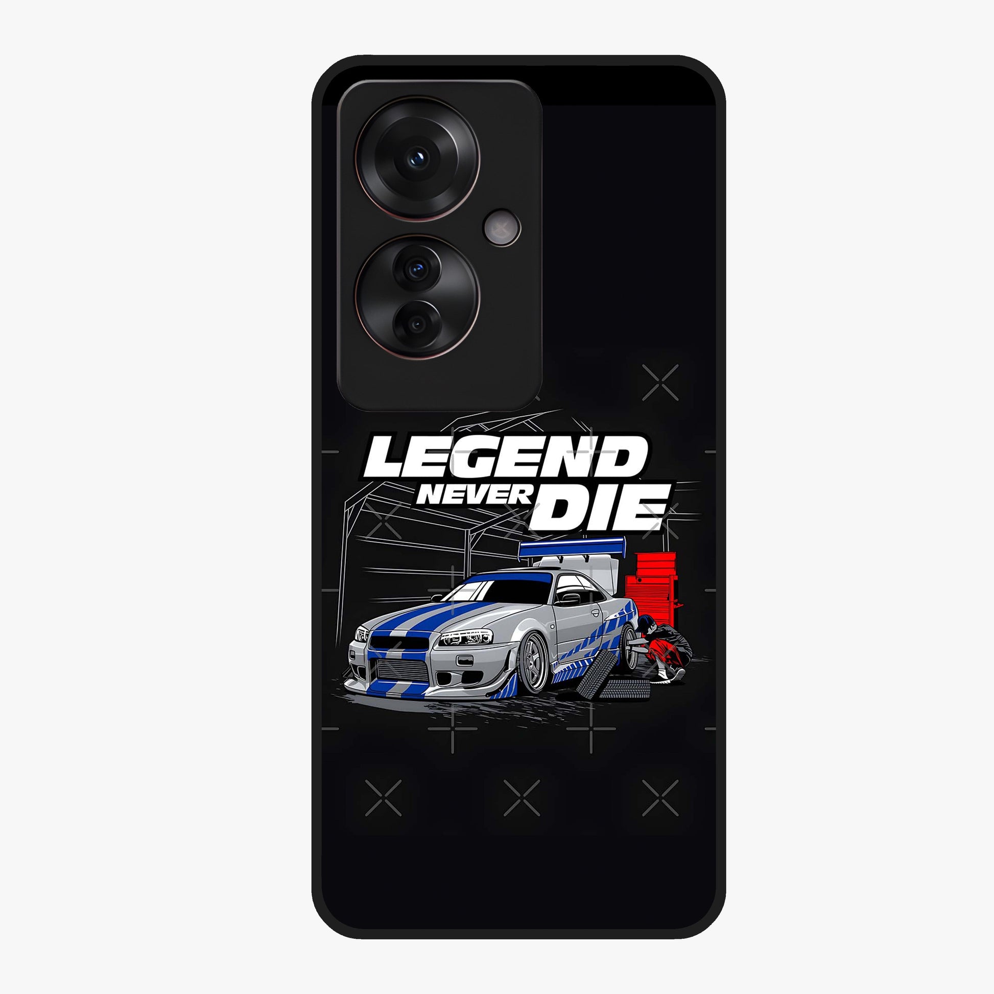 Midnight Racing Legacy Glass Case showing flat back view with sleek racing inspired artwork and glossy glass finish.