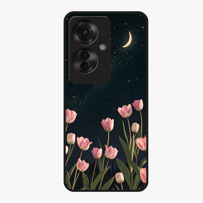 Midnight Tulip Whispers Vibe Glass Case showing flat back view with elegant tulip flower artwork and glossy glass finish.