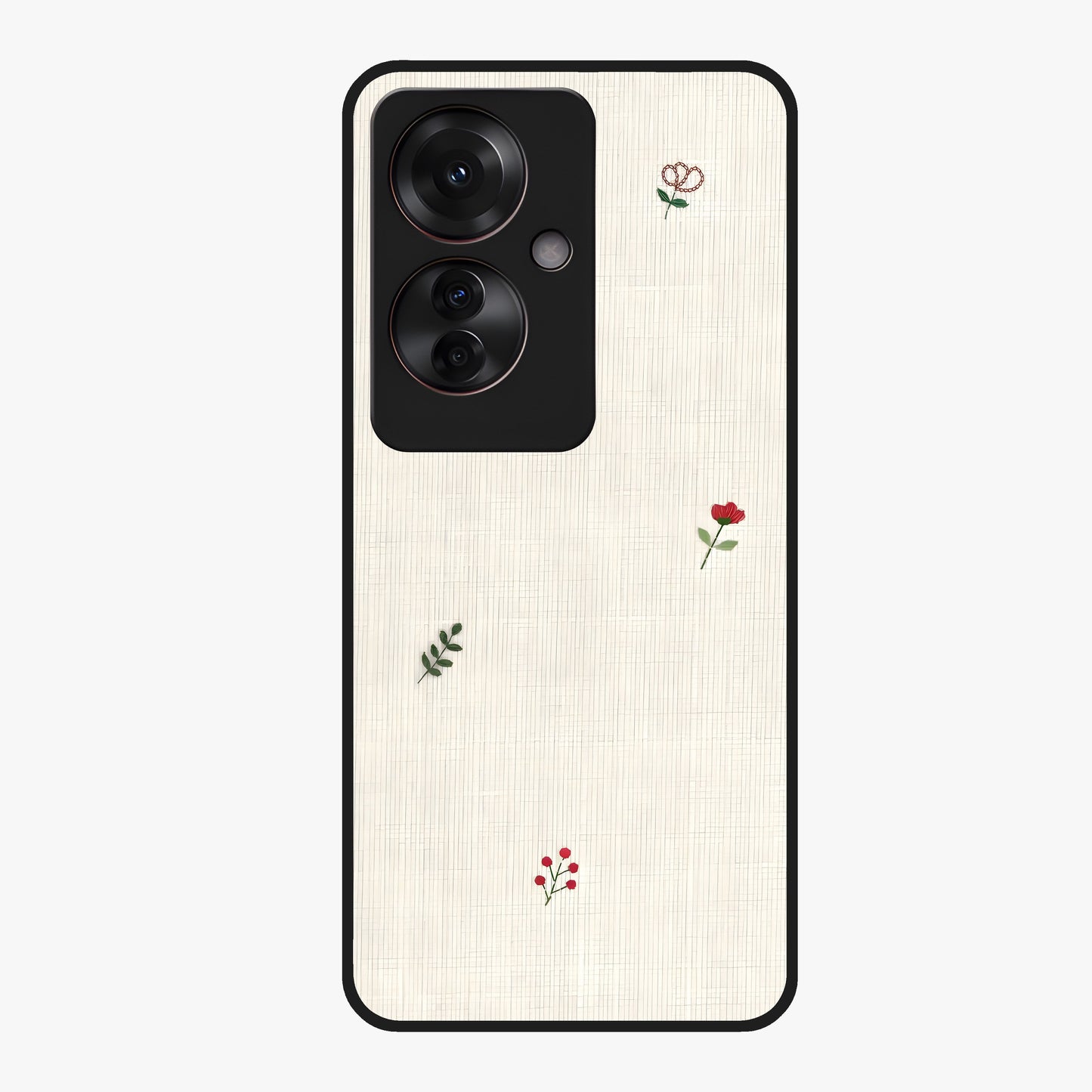 Minimal Petal Whispers Glass Case showing flat back view with soft minimal floral artwork and glossy glass finish.