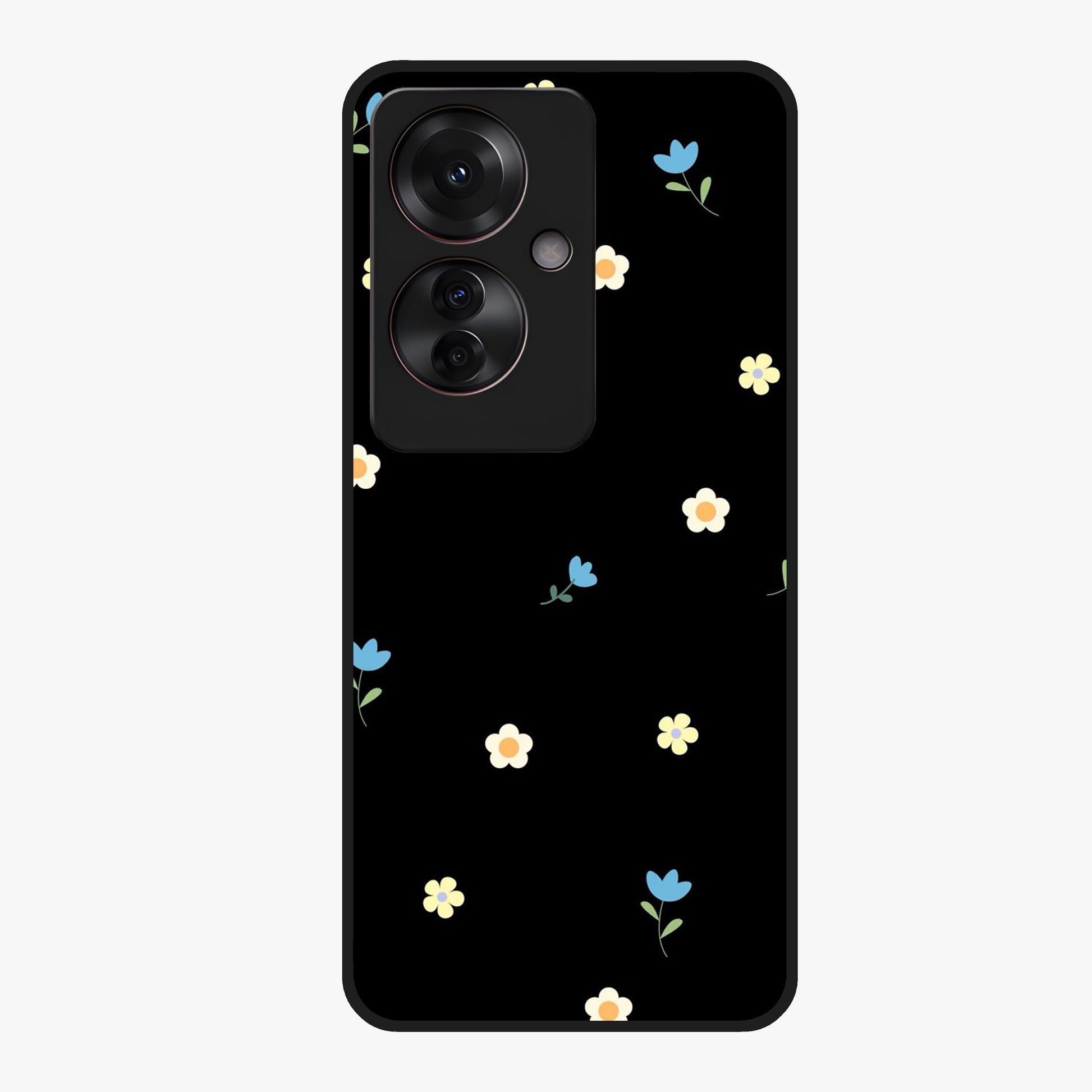 Minimalistic Blue With White Flower Pattern Glass Case showing flat back view with blue background and white flower pattern and glossy glass finish.