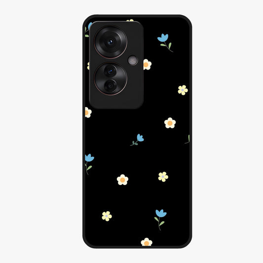 Minimalistic Blue With White Flower Pattern Glass Case showing flat back view with blue background and white flower pattern and glossy glass finish.