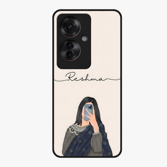 Mirror Mood Muse With Custom Name Glass Case showing flat back view with stylish mirrored artwork and personalized name design.