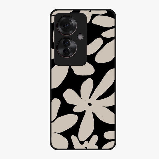 Monochrome Petal Dance Glass Case showing flat back view with monochrome floral artwork and glossy glass finish.