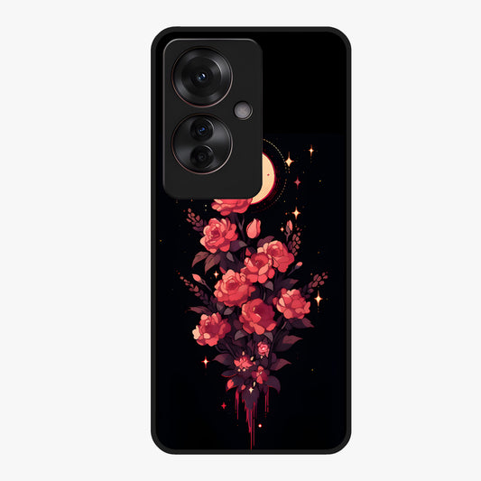 Moonlit Floral Elegance Glass Case showing flat back view with elegant floral artwork under moonlit tones and glossy glass finish.