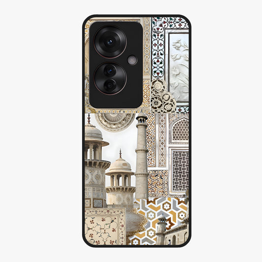 Mughal Marble Legacy Glass Case showing flat back view with intricate Mughal inspired marble pattern and glossy glass finish.