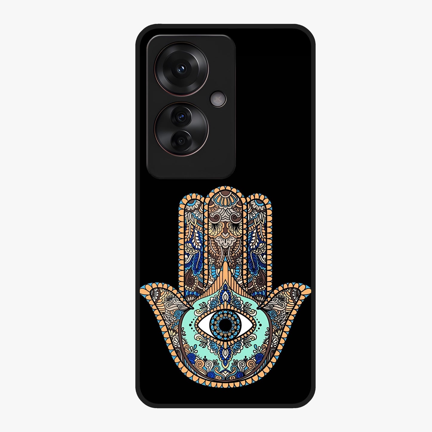 Mystic Hamsa Eye Glass Case showing flat back view with protective hamsa hand and evil eye artwork and glossy glass finish.