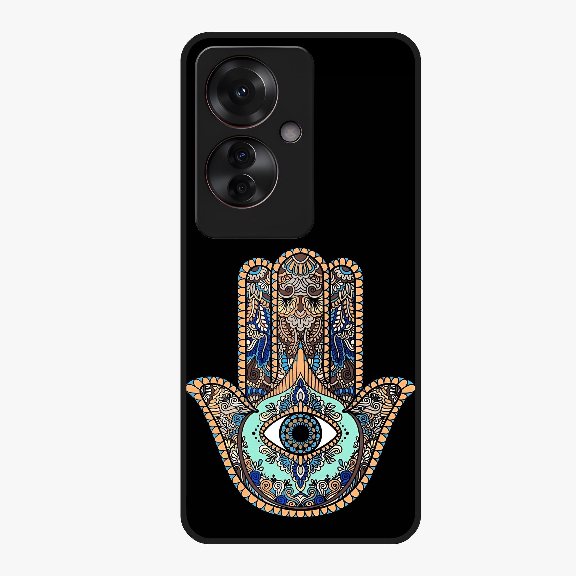 Mystic Hamsa Eye Glass Case showing flat back view with protective hamsa hand and evil eye artwork and glossy glass finish.