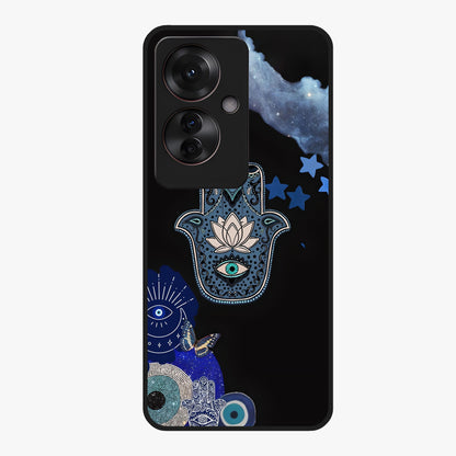 Mystic Hand Aura Glass Case showing flat back view with mystical hand symbol artwork and glossy glass finish.