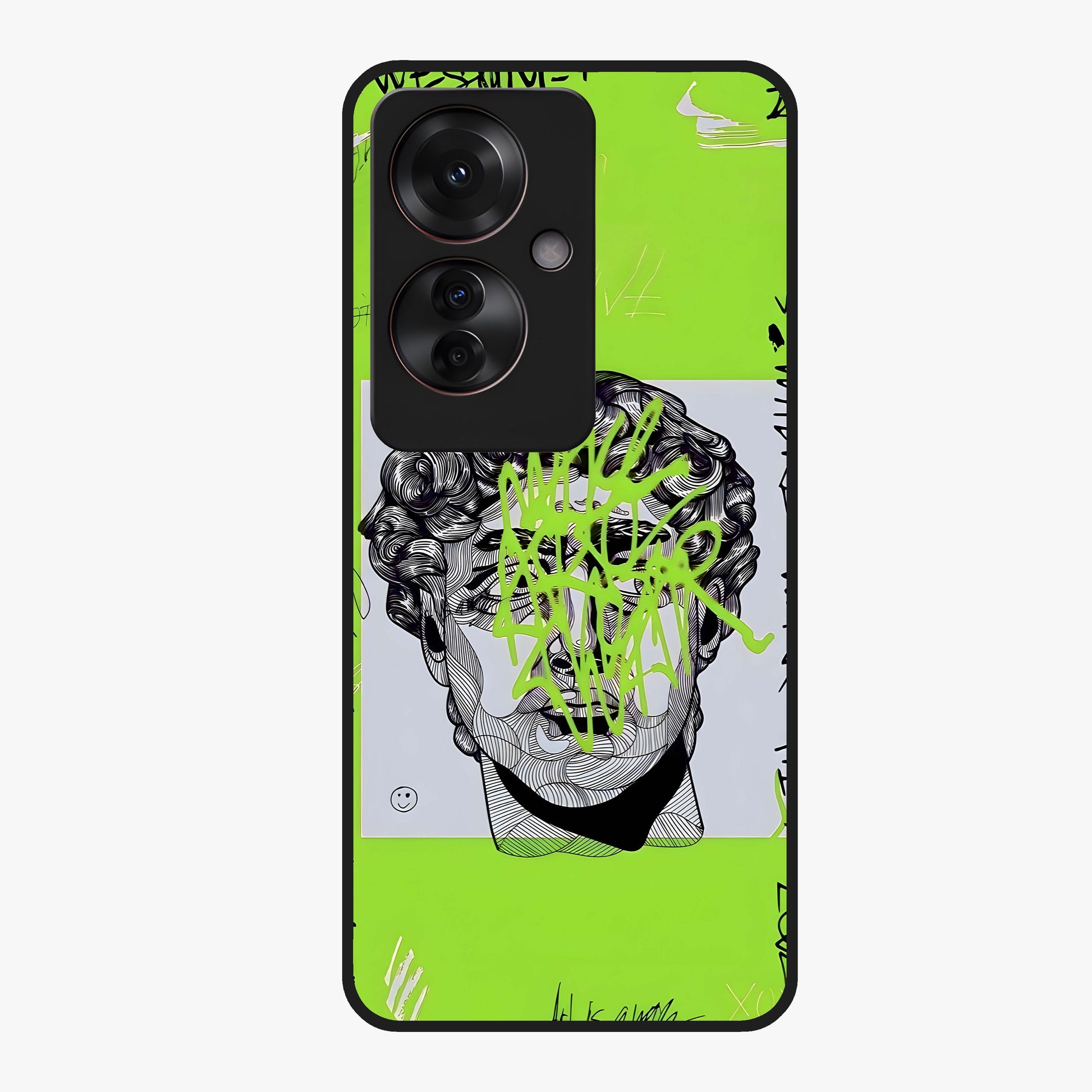 Neo Graffiti Rebellion Glass Case showing flat back view with vibrant graffiti artwork and glossy glass finish.