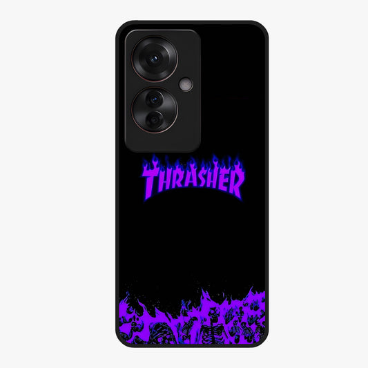 Neon Flame Riot Glass Case showing flat back view with neon flame artwork and glossy glass finish.